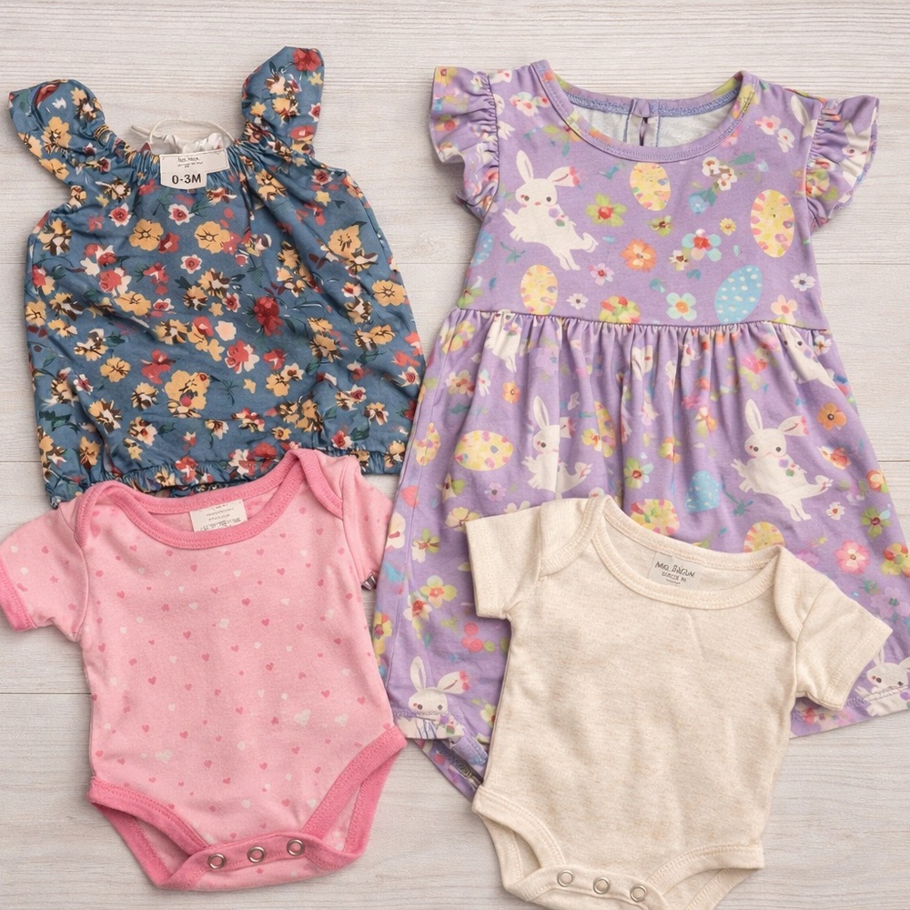 Baby Girl 0–3M Clothing Lot Bailey’s Blossoms Romper Easter Dress Bodysuits 4pc